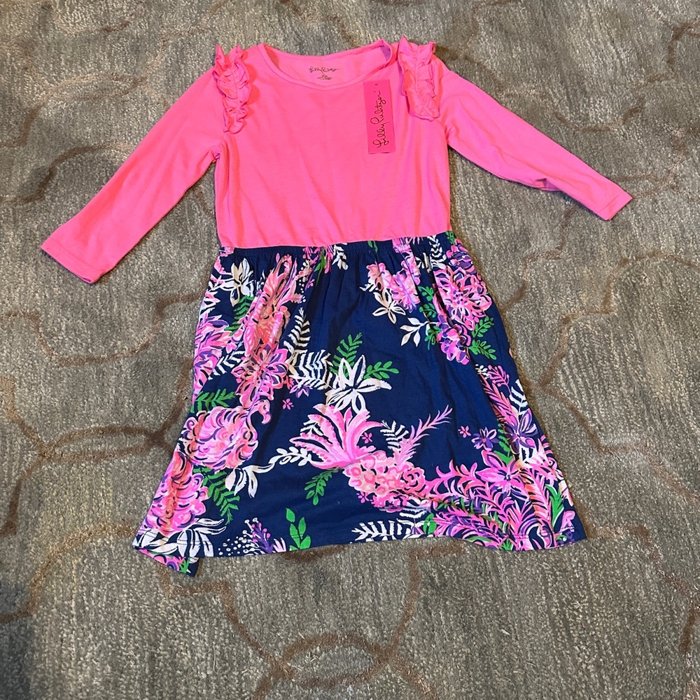 Lilly Pulitzer NWT Pink Top with Blue Floral Skirt Kids Dress SIZE L